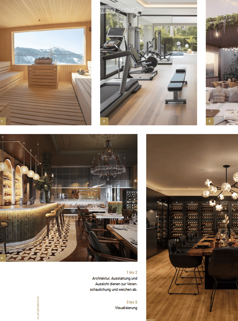 A collage of five interior spaces: a modern living room with a sofa and large window, a fitness area with a treadmill and bench, a bedroom with a bed and pillows, a bar area with a counter and chairs, and a dining area with a table and wine rack.