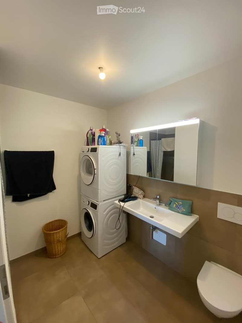 Bathroom with a washing machine, sink, mirror, and toilet. Cleaning supplies are on top of the washing machine, and a wicker basket is on the floor.
