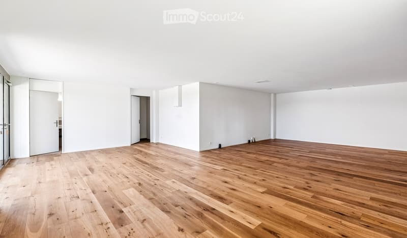 Empty room with light wooden flooring and white walls, featuring a large glass door and several doorways leading to other spaces.
