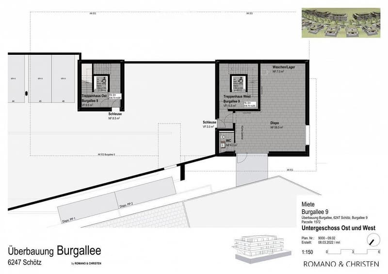 Floor plan of a multi-level building showing staircases, entrances, and various rooms including a WC, storage area, and designated spaces for disposal.