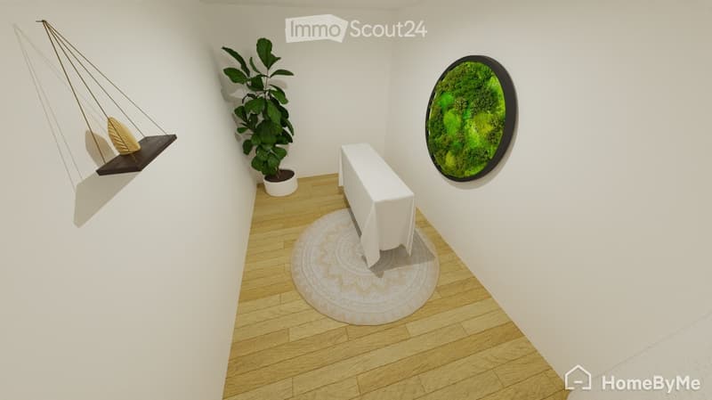 Minimalist room with a white table, a hanging chair, a potted plant, and a round mirror with a moss design.