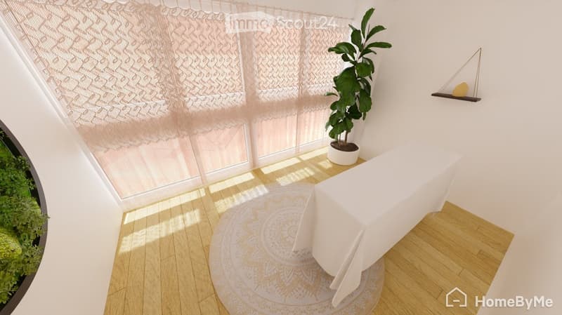 Minimalist room with wooden flooring, a round patterned rug, a small table with a white cloth, a potted plant, and a wall-mounted shelf with a decorative item.