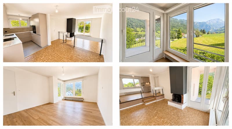 Four images showing a modern house with a kitchen, living room, balcony, and view of mountains and greenery.