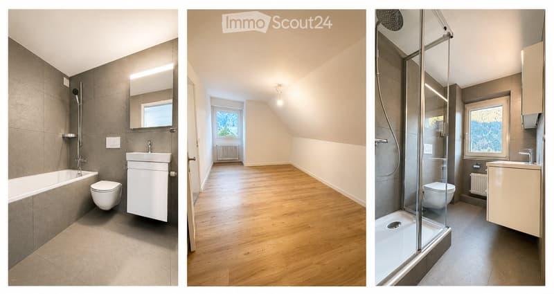 Three images show a modern bathroom with a bathtub, toilet, sink, mirror, and a separate shower area with a glass enclosure and cabinet.