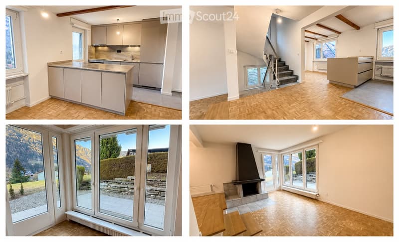 Four images show a modern house with a kitchen, living room, balcony, and fireplace. The kitchen features light-colored cabinets and a central island. The living room has wooden flooring and large windows with a scenic mountain view. The balcony offers an