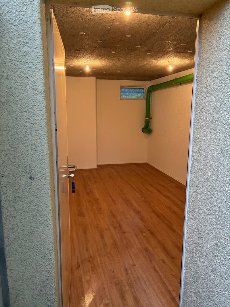 Empty hallway with wooden flooring, white walls, and a small window at the end. A green pipe is visible on the right wall.