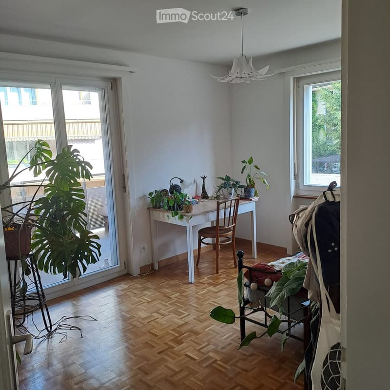 Bright room with wooden herringbone flooring, large windows, and a sliding glass door leading to a balcony. Features a white desk with a chair, a lamp, and several potted plants.