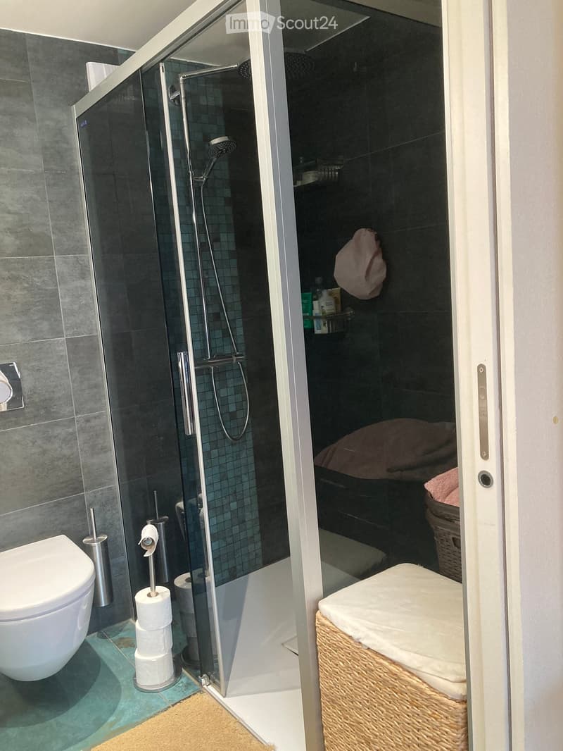 Modern bathroom with a glass-enclosed shower, toilet, toilet paper holder, and a wicker basket with towels.