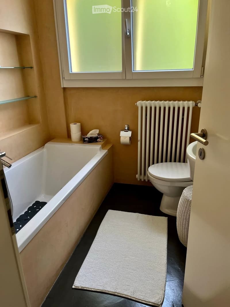 Bathtub, white toilet, radiator, white rug, shelves with glass, white towels, window, soap, tissues, wicker trash can