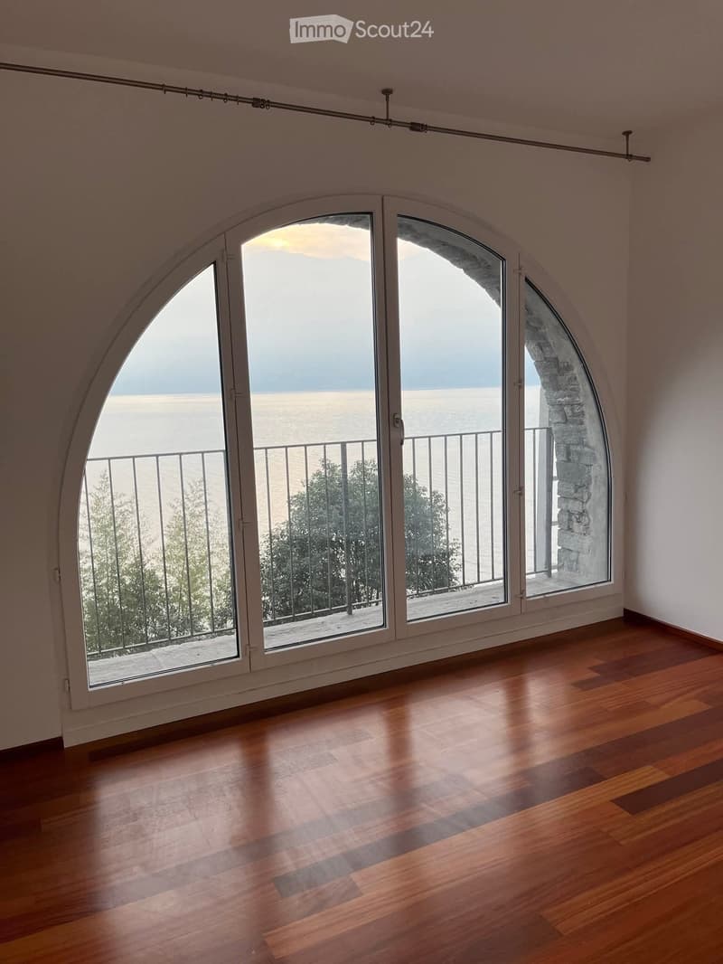 large arched window, balcony with metal railing, wooden flooring, view of the ocean