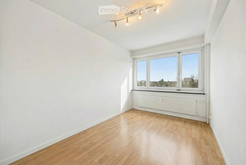 Empty room with light wooden flooring, white walls, large windows, and a radiator below the windows.