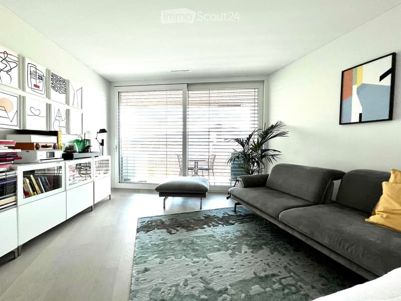 Modern living room with a grey sofa, ottoman, bookshelf, and large windows leading to a balcony. Features a shaggy rug, decorative artwork, and a potted plant.