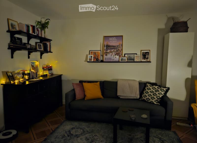 A cozy living room with a grey sectional sofa adorned with colorful cushions, a coffee table, shelves filled with books and framed pictures, and a small plant on a shelf. The room features wooden flooring and a patterned rug.
