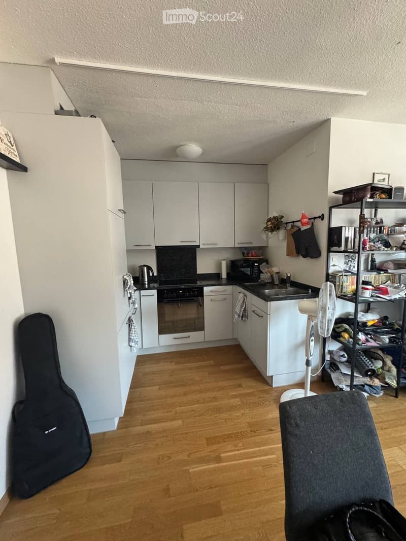 Modern kitchen with white cabinets, black countertops, and wooden flooring. Includes a refrigerator, oven, microwave, sink, fan, guitar case, and a shelf with various items.