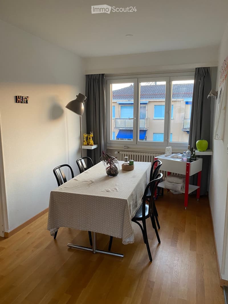 Dining area with wooden floor, table, chairs, vase, sink, and decorative items.