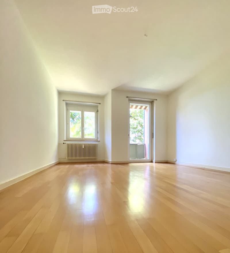 Empty room with light wooden flooring, white walls, and two windows, one with a radiator below it. The room has a door leading to a balcony or outdoor area.