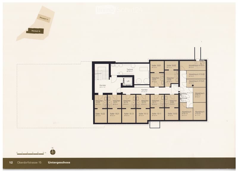 Floor plan of the basement level showing multiple rooms including storage spaces, washrooms, and a technical room.
