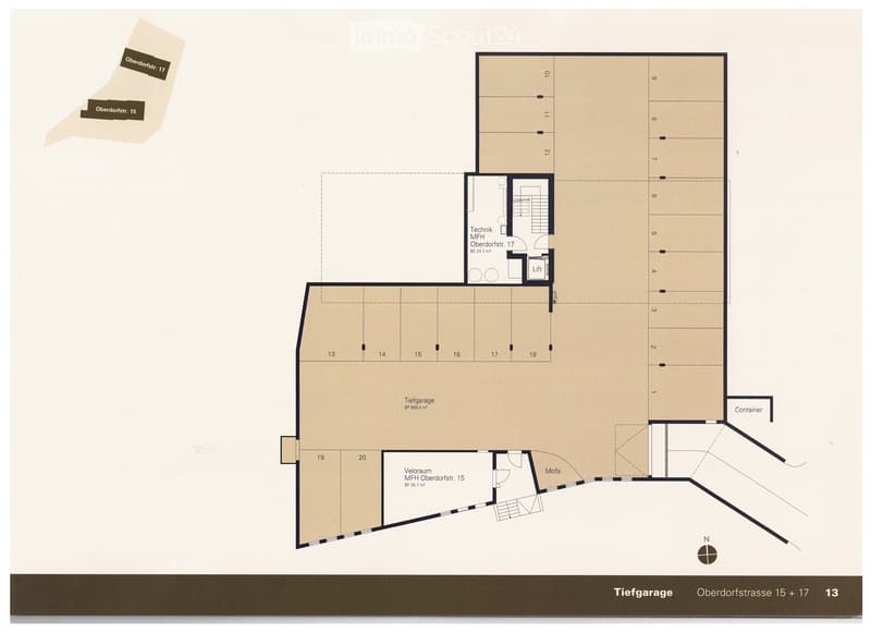 Floor plan of a multi-story building showing various rooms and areas including a garage, technical room, container, and numbered spaces.