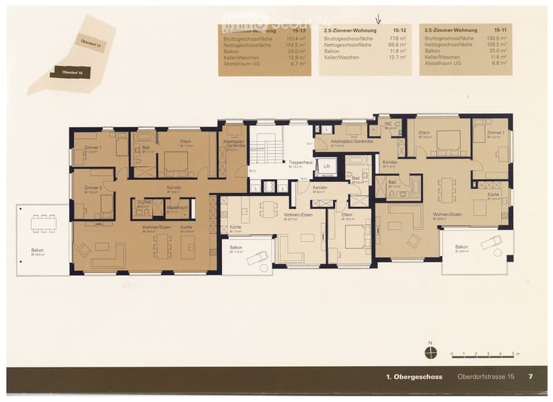 Floor plan of a multi-unit building showing three different apartment layouts: a 4.5-room apartment, a 2.5-room apartment, and a 3.5-room apartment, each with detailed room dimensions and features such as balconies, bathrooms, and storage spaces.