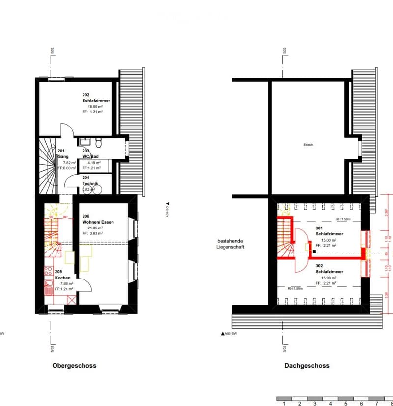 Floor plan showing two levels: upper level with living/dining area, kitchen, bedroom, and bathroom; lower level with two bedrooms and a shared bathroom.