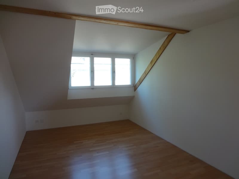 Empty attic room with wooden flooring, white walls, and a skylight window providing natural light.
