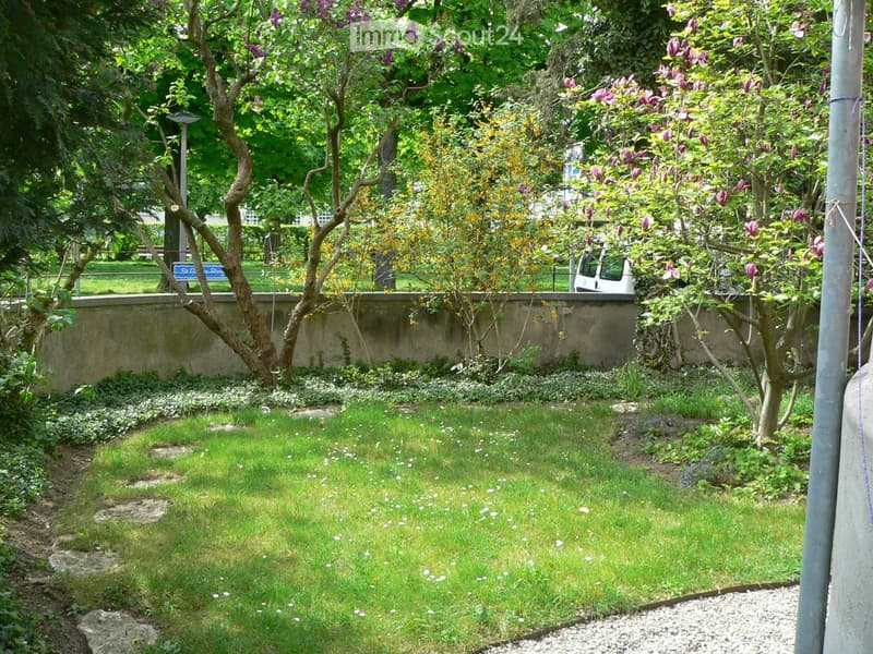 Well-maintained garden with green grass, small white flowers, shrubs, and trees, including a blooming lilac tree. A low concrete wall borders the garden, with a street sign and parked vehicle visible in the background.