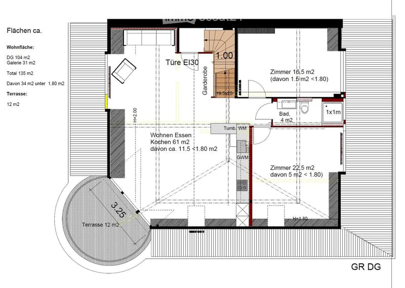 Floor plan showing a 135 m² apartment with living/dining area, kitchen, two bedrooms, bathroom, and a 12 m² terrace.