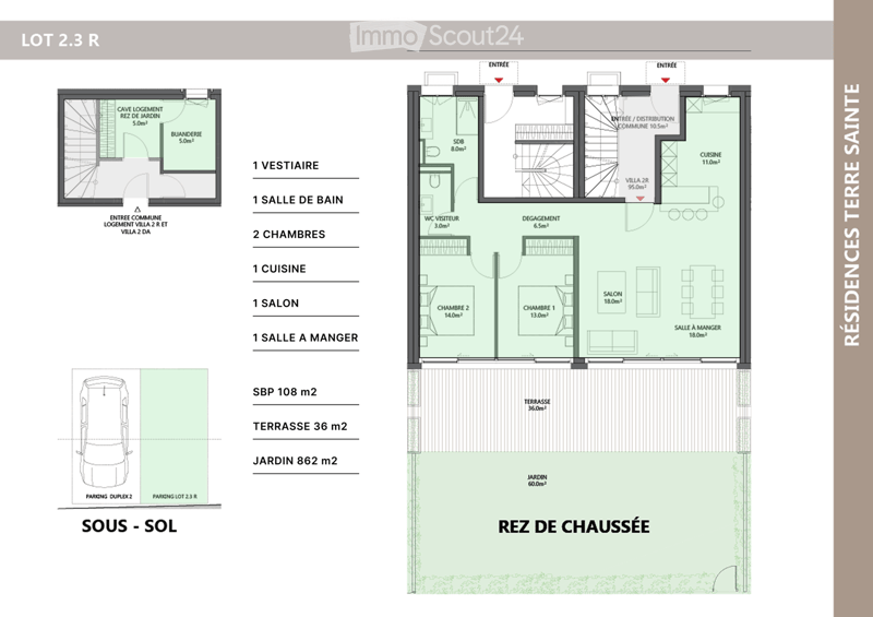 Floor plan of a two-story residential unit with labeled rooms including entrance, bathroom, bedrooms, kitchen, living room, dining room, terrace, and garden. Includes parking spaces and basement storage.
