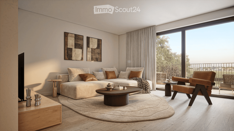 Modern living room with a large sectional sofa, coffee table, armchair, and decorative vases. Large windows and a balcony are visible.
