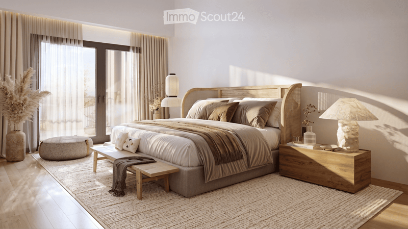Modern bedroom with a large bed, nightstands, lamps, ottoman, bench, and decorative vases.