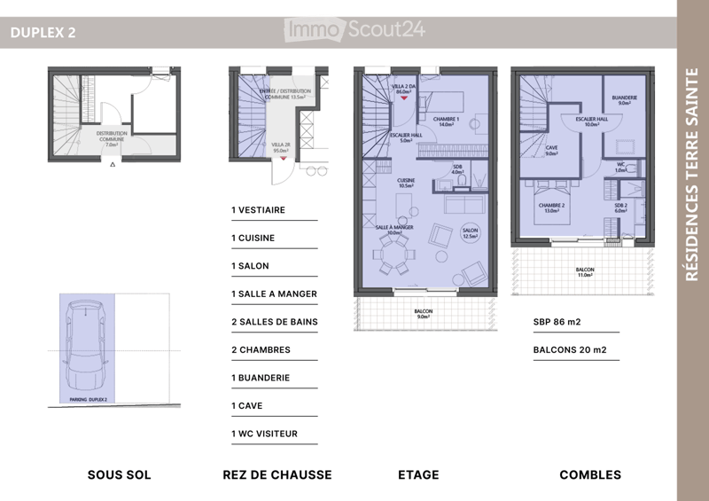 Floor plan of a duplex apartment with multiple levels including a basement, ground floor, first floor, and attic. Features include a common entrance, kitchen, living room, dining room, two bedrooms, two bathrooms, a laundry room, a cellar, and a visitor W