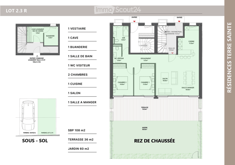 Floor plan of a two-story residential unit with a ground floor and basement. Ground floor includes entrance, living room, dining room, kitchen, two bedrooms, bathroom, and visitor WC. Basement includes a storage room, utility room, and parking space. Feat