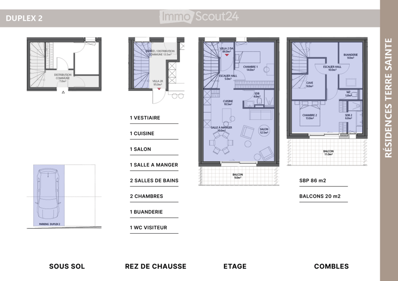 Floor plan of a duplex apartment with multiple levels including basement, ground floor, first floor, and attic. Features include entrance, kitchen, living room, dining room, two bedrooms, two bathrooms, laundry room, visitor WC, and balconies.