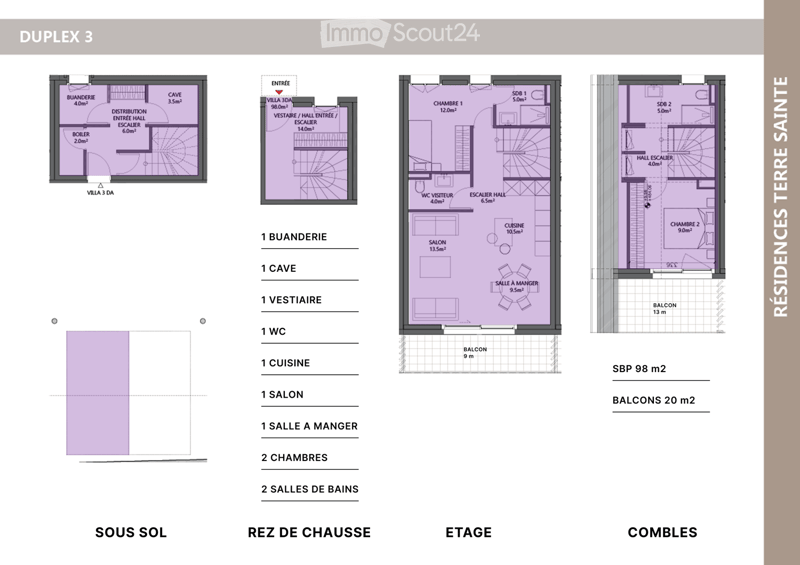 Floor plan of a duplex with four levels: basement, ground floor, first floor, and attic. Includes rooms such as laundry, cellar, entrance hall, living room, dining room, kitchen, bedrooms, bathrooms, and balconies.