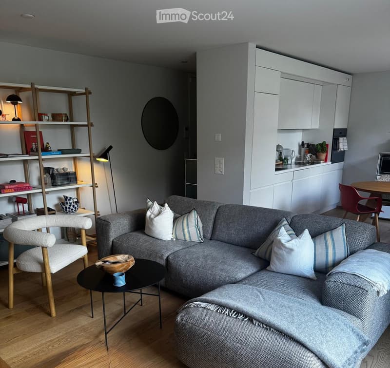 Modern living room with grey sectional sofa, wooden coffee table, armchair, shelves, and a small kitchen area with cabinets and microwave.