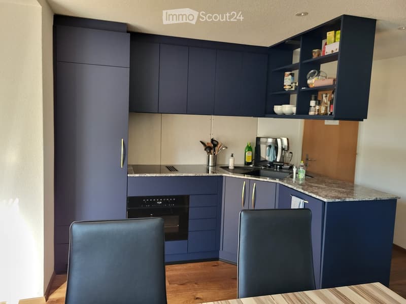 Modern kitchen with dark blue cabinets, granite countertop, built-in oven, sink, coffee maker, and two chairs near the counter.