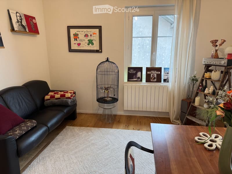 A cozy living room with a black leather sofa, a wooden coffee table, a birdcage, books on shelves, and a lamp on a side table.