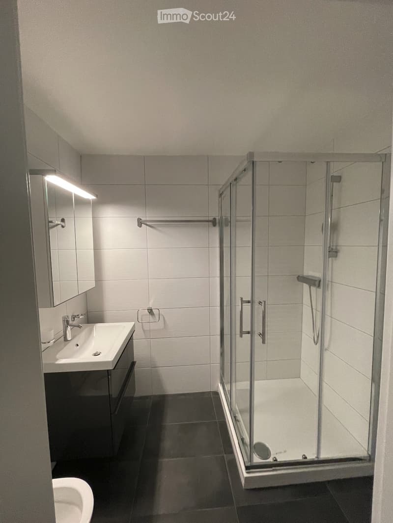 Modern bathroom with white tiles, a glass-enclosed shower, a sink with a mirror, and a toilet. Features include a sleek design and dark flooring.