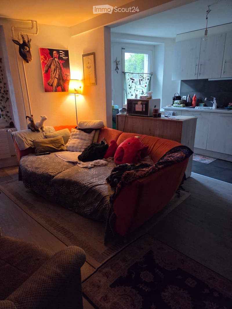 A cozy living room with a red sofa, a microwave, a sink, and a small kitchen area visible in the background. The room features a lamp, a picture frame, and a toy on the sofa.