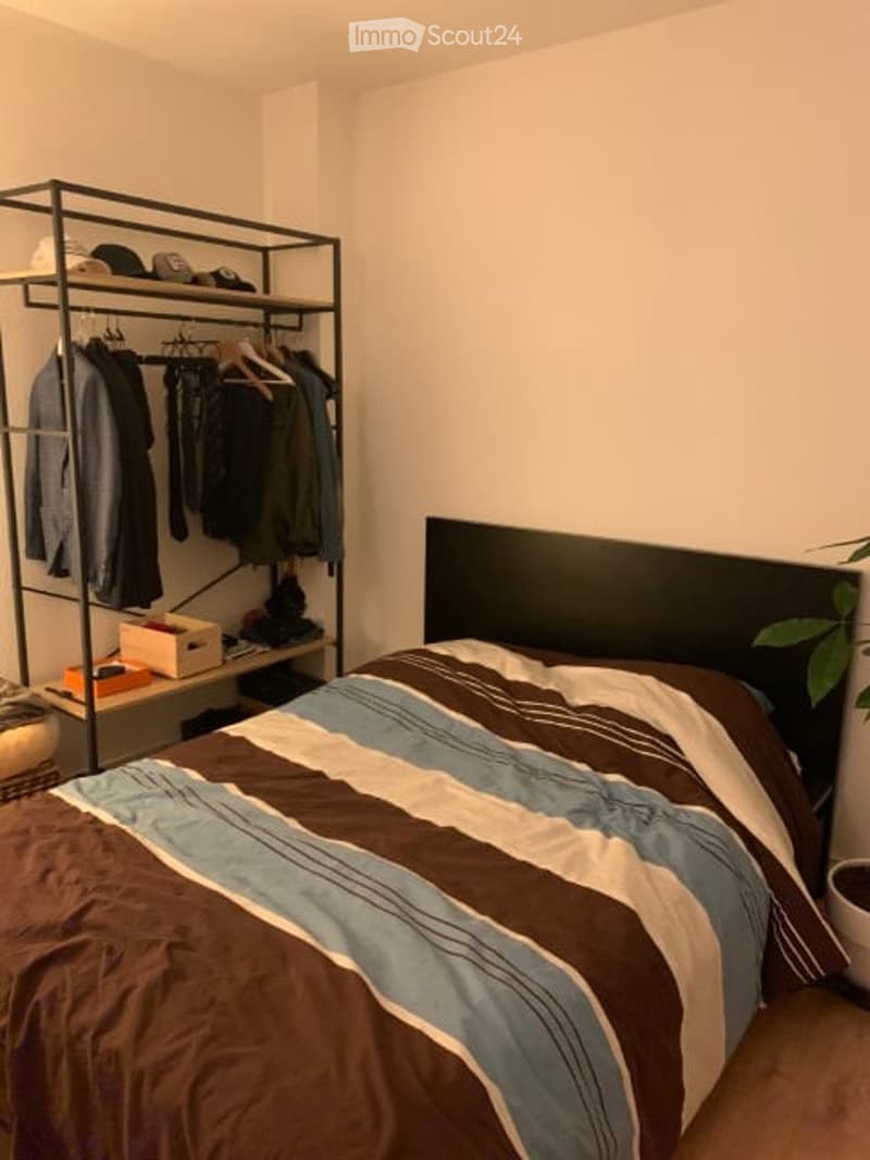 Cozy bedroom with a large bed, dark headboard, and a brown and blue striped duvet. A metal wardrobe with hanging clothes and shelves is visible, along with a small plant in a pot near the bed.