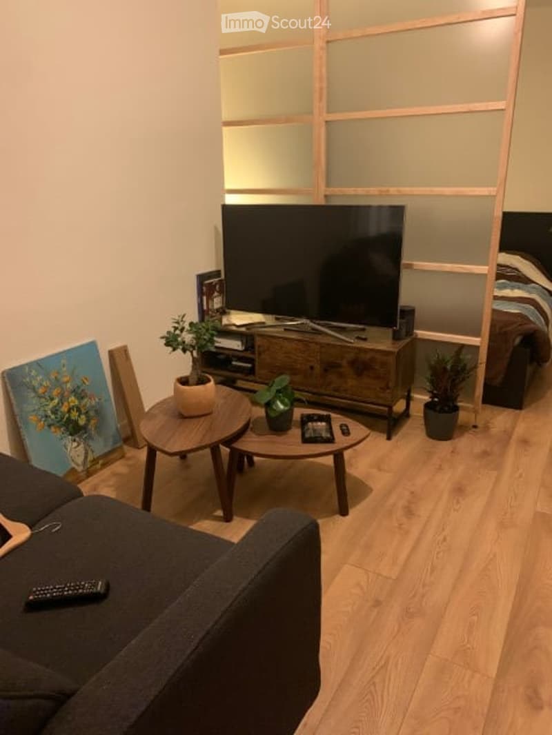 A modern living room with a sofa, coffee table, TV stand, remote control, and small plants. The room features light wooden flooring and a sleek design.
