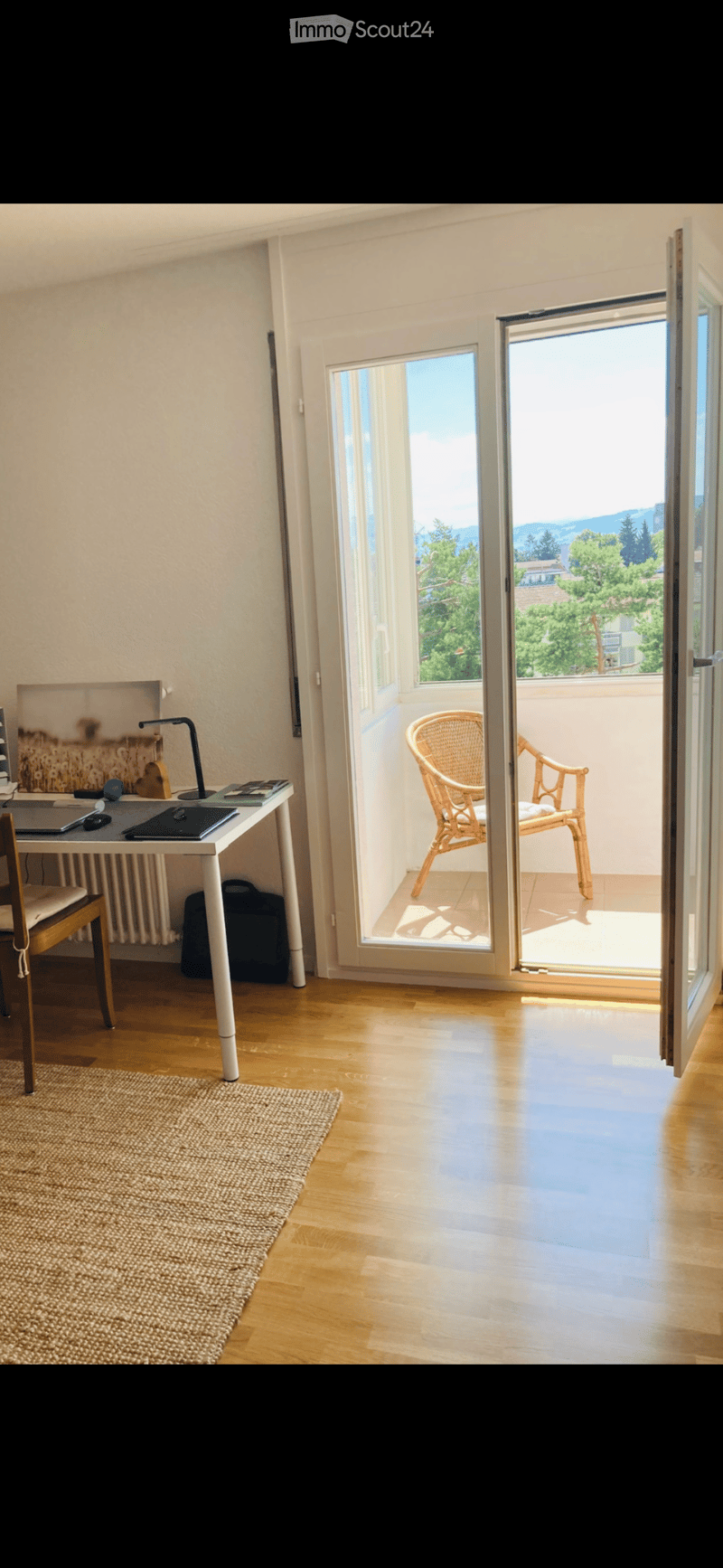 desk, chair, radiator, rug, balcony, sliding glass doors, wicker chair, view