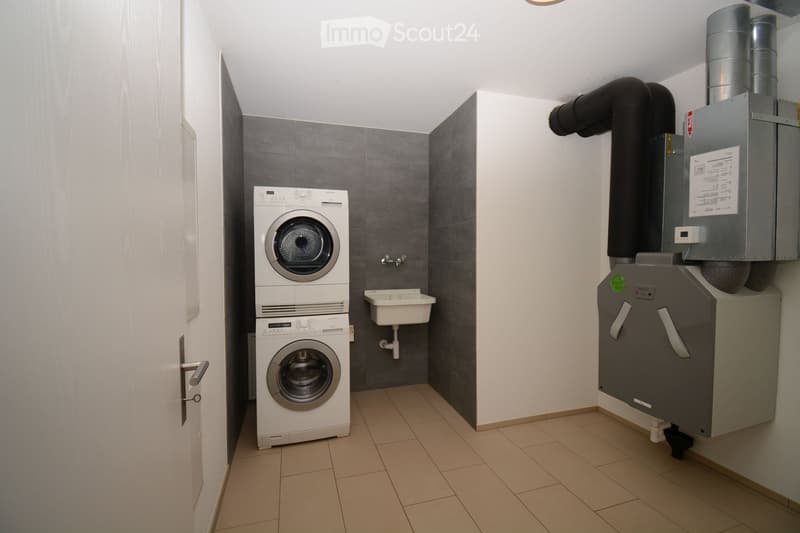 Clean, modern bathroom with a washing machine, a sink, and a faucet. The walls are tiled in dark gray, and the floor is tiled in light beige.