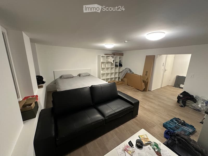 A furnished room with a sofa, bed, table, and shelf. The room has wooden flooring and white walls.
