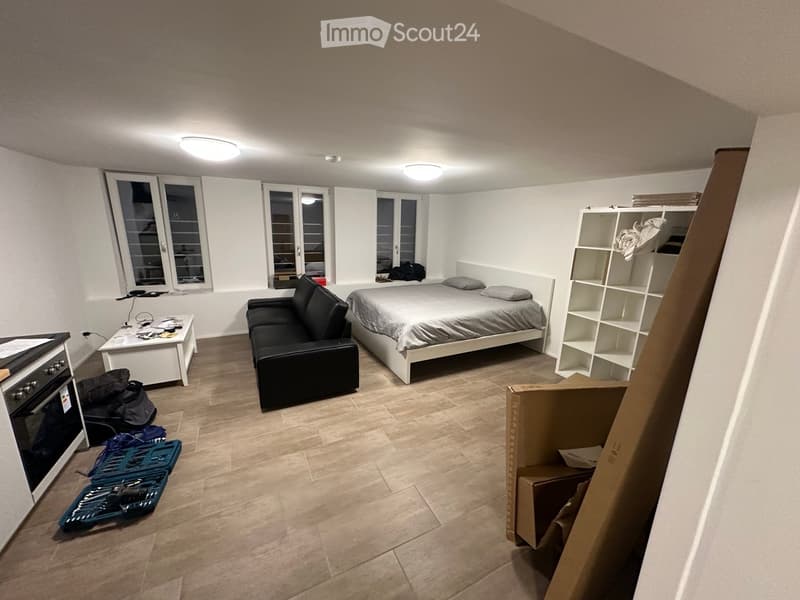 Modern bedroom with a bed, sofa, small table, shelf, and oven. Wooden flooring and white walls.