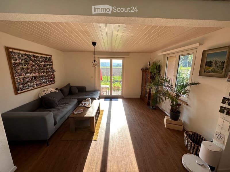 Bright living room with wooden flooring, large windows, and a sliding glass door leading to a garden. Features a dark grey sectional sofa, a wooden coffee table with magazines, a potted plant, and a wicker basket on the floor.