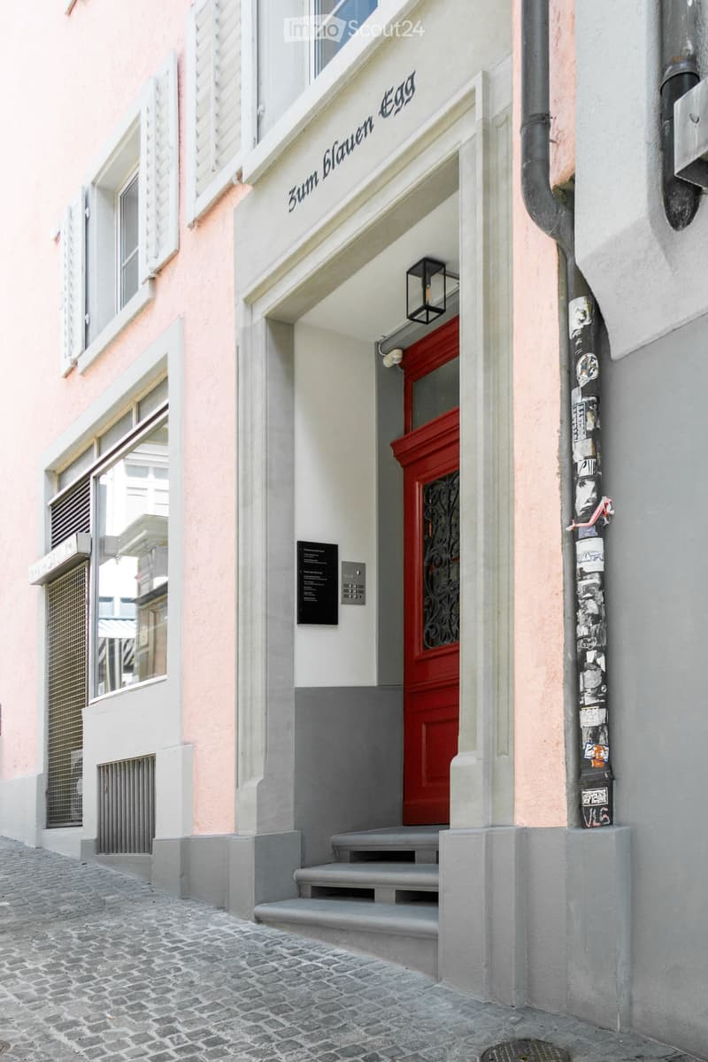 Entrance to a building with a red door, steps leading up, and a sign reading "Zum Blauen Eag" above the door.
