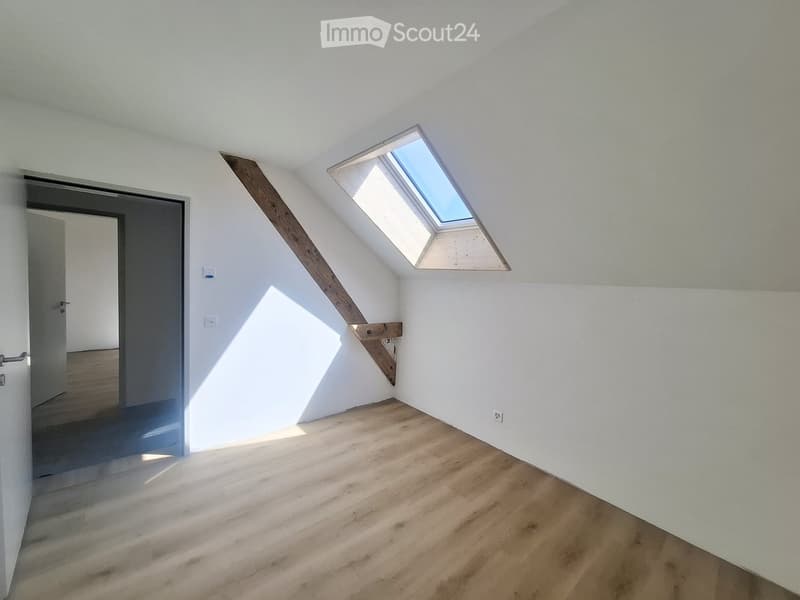 Empty attic room with wooden flooring, white walls, and a skylight window allowing natural light to enter.