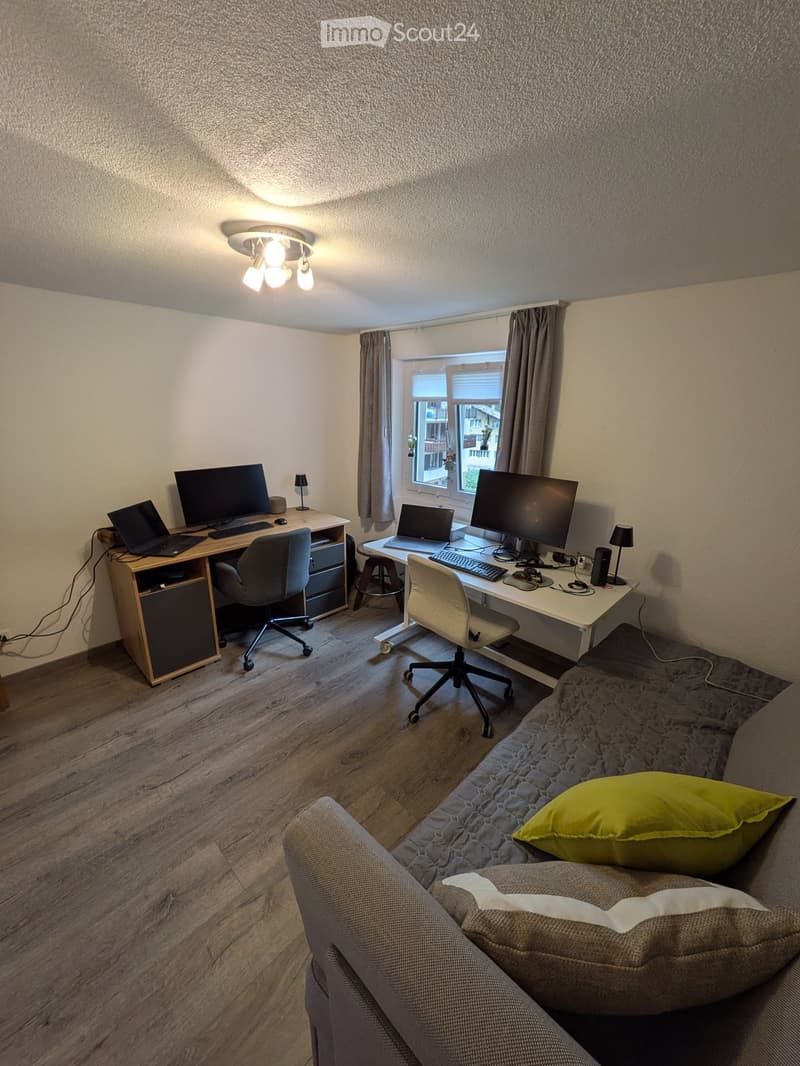 A modern, multi-functional room with a sofa, two desks with laptops and monitors, and a comfortable chair. The room features wooden flooring and large windows with curtains.