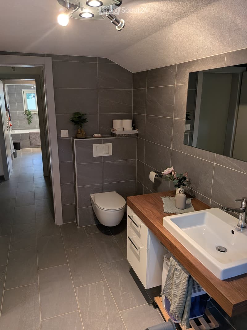 Modern bathroom with dark grey tiles, a white sink with wooden countertop, a toilet, a large mirror, and decorative items including a flower vase and towels.